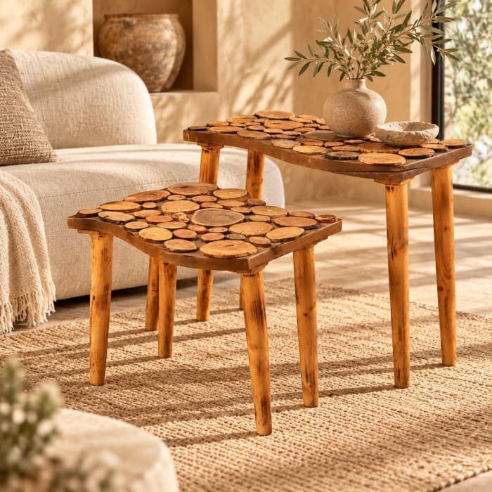Duo de tables rondelles Cèdre d’El Hajeb – Plateaux graphiques et pieds simples