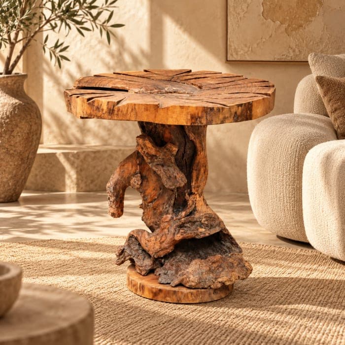 Table racine Cèdre d’El Hajeb – Socle sculptural et plateau géométrique